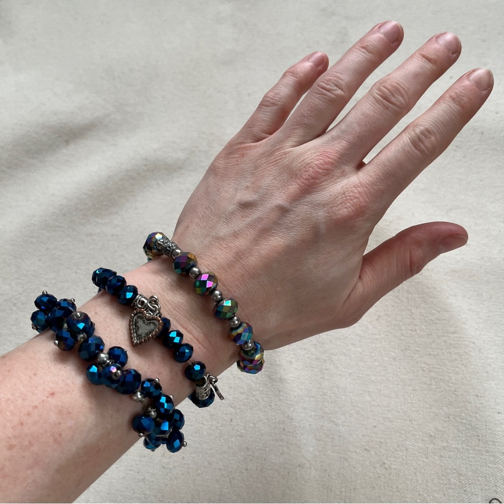 Metallic Blue and Silver Beaded Bracelet Set
